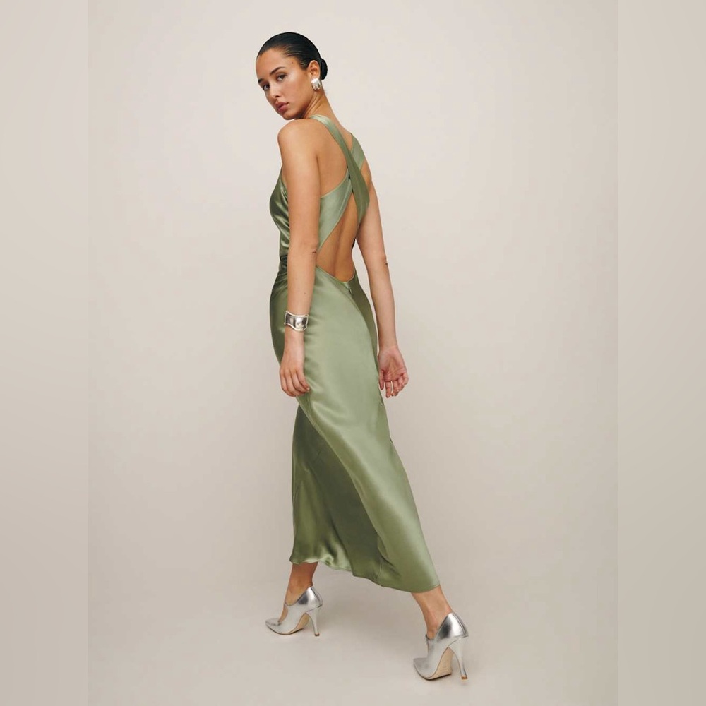 Nwt reformation cassette silk dress in artichoke / size 4 - Picture 6 of 8